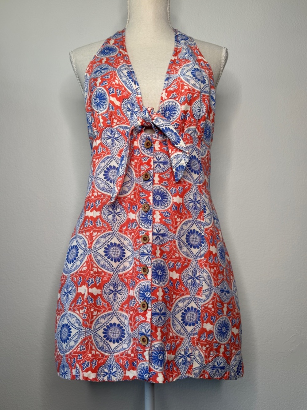 Maeve Anthropologie Halter Button Down Slim Mini Dress Geometric Floral Size MP